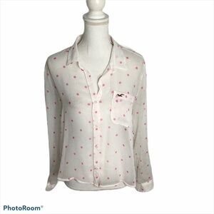 Hollister White Pink Polka Dot Button Down Shirt Medium Y2K Vintage